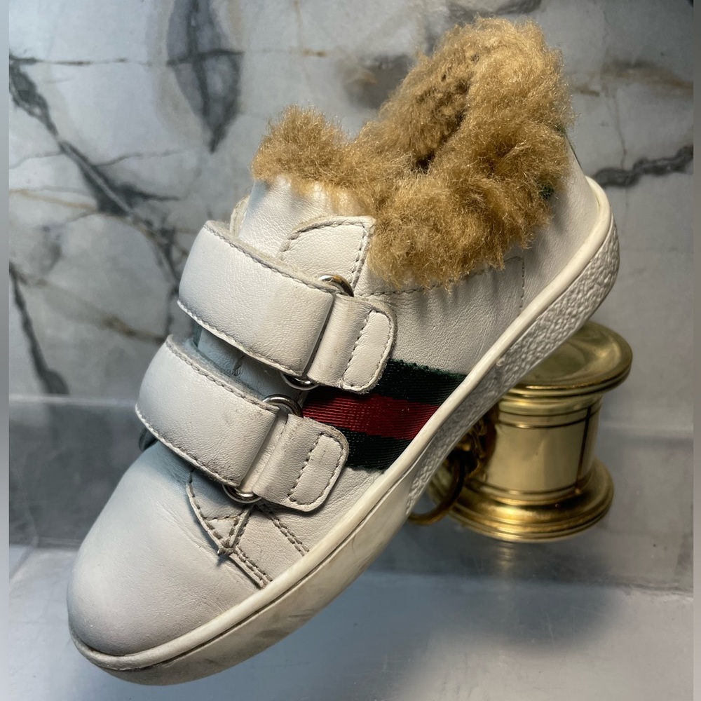 GUCCI Youth sz 14 INCHES 7 ace fur lined White leather snearker made in italy - Picture 16 of 16